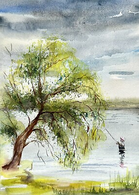 #ad Gift for fishermen landscape with fishing Original Watercolor Painting A4 $46.00