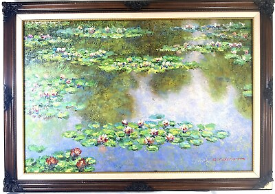 #ad Large Framed Oil Painting Water Lilies Signed S. Y. Lestat 29x41” $198.00