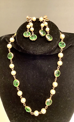 #ad Vintage Gold tone BEZEL CRYSTAL amp; PEARL Necklace w Earrings Set Demi $22.00