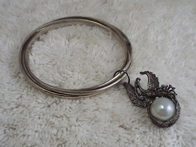 #ad Silvertone Glass Bead Dragon Charm Bangle Bracelet D52 $6.91