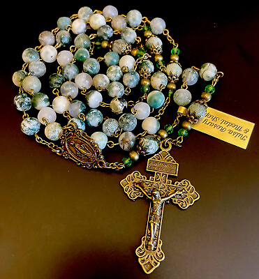 #ad Semi Precious Green amp; White Moss Tree Agate Stone Rosary Pardon Crucifix Tag $49.99