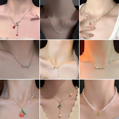 #ad 2024 Tulip Flower Pearl Pendant Necklace Clavicle Chain Women Party Jewelry Gift C $2.29