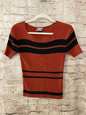 #ad Clio Shirt Women#x27;s Large Rust Red Silk Blend Ribbed Striped Short Sleeve Stretch $18.04