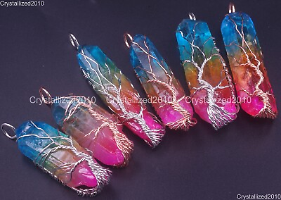 #ad Natural Gemstone Quartz Crystal Rainbow Titanium Coat Handmade Life Tree Pendant $18.58