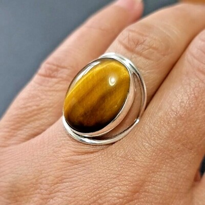 #ad Natural Tiger Eye Ring 925 Sterling Silver Unisex Ring Cocktail Ring Stone Ring $55.00