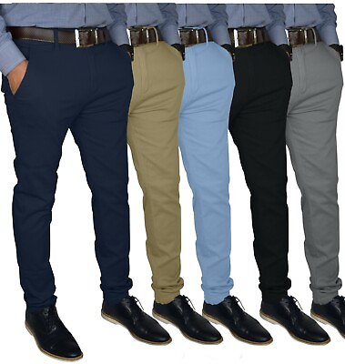 #ad Mens Slim FIT Stretch Chino Trousers Casual Flat Front Flex Classic Full Pants $26.99