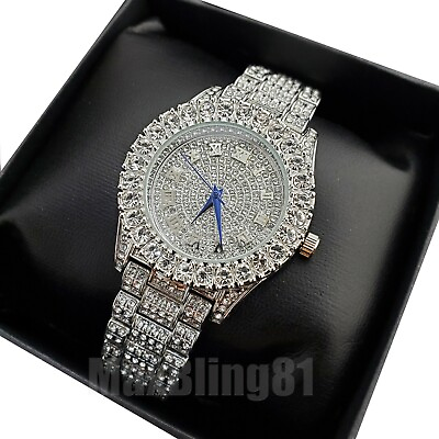 #ad Women#x27;s Hip Hop Iced Silver Plated Bling Lab Diamond Metal Band Fashion Watch $27.99