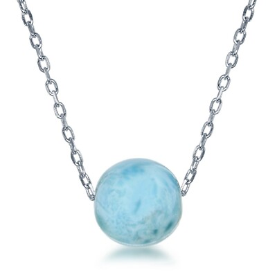#ad Sterling Silver 8mm Larimar Bead Necklace $63.00