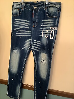 #ad Dsquared2 Men’s ICON Distressed Whiskered Paint Spatter New Rider Jeans 52 NWT $343.00