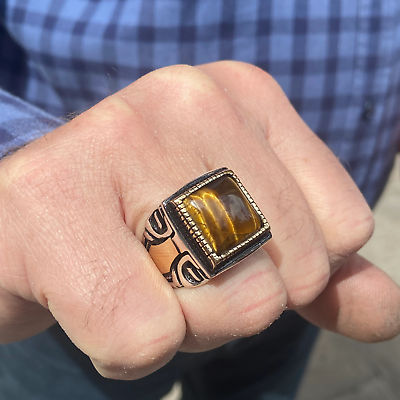 #ad Square Tiger Eye Ring Turkish Handmade Ring 925k Silver Ottoman Mens Ring $85.00