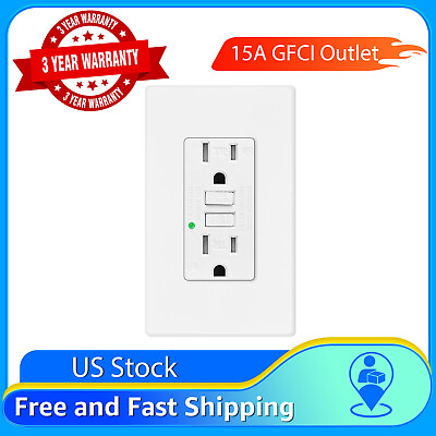#ad GFI Outlet 15 Amp GFCI Receptacle Tamper Weather Resistant LED Indicator w Plate $10.58