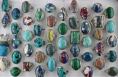 #ad Wholesale Bulk Lots 40pcs Mixed Color Oversize Charm Natural Stone Women Rings $29.22