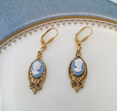 #ad Vintage 14x10 BLUE CAMEO EARRINGS Victorian Style LEVER BACK JEWELRY $17.00