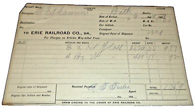 #ad 1899 ERIE RAILROAD FREIGHT BILL BATH NEW YORK $40.00