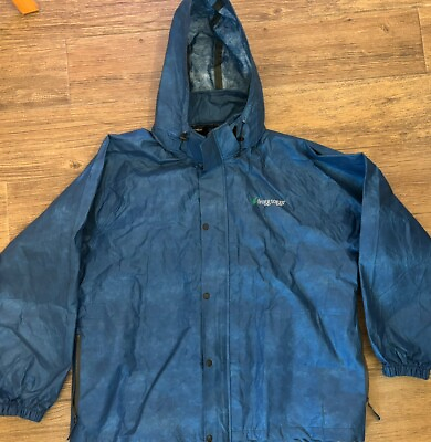 #ad Frogg Toggs Sz XL Blue Rain Jacket Hooded Zip Up Water Wind Resistant Zip Pocket $15.00