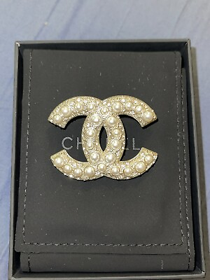 #ad CHANEL Authentic Medium Crystal amp; Pearl CC Logo Brooch Pin Silver Tone with Box $475.00