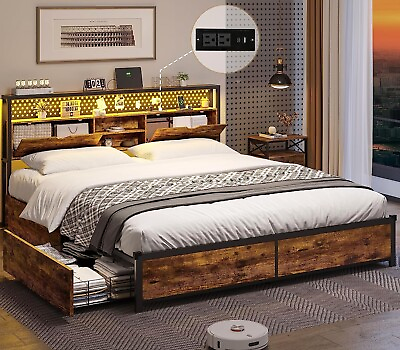 #ad Queen LED Bed Frame with Storage Headboard Metal Platform Bed Frame with Drawers $259.97
