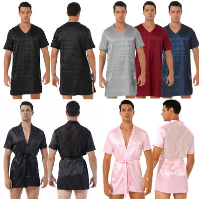 #ad US Men Silk Satin Nightshirts Short Sleeve Pajamas Nightgown Shirts Sleepwear $13.01
