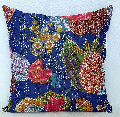 #ad 16quot; Indian Floral Printed Cotton Cushion Cover Kantha Work Decor Pillow Cushion $13.59