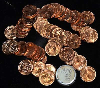 #ad 1957 D Lincoln Wheat Cent BU Brilliant Uncirculated Red Full Roll 50 coins $18.95