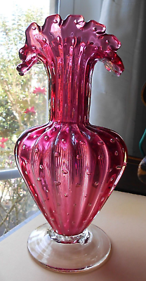 #ad Murano Glass 9quot; Vase Cranberry Bullicante Italy Art Glass 9” Tall MCM Vint $59.00