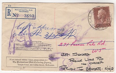 #ad 1958 Jan 31st. Return to Sender Registered Cover. Balaclava to Moon Ponds. AU $19.50