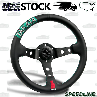#ad New Green Stitches 330mm Embroidery Vertex Leather Deep Dish Steering Wheel $69.99