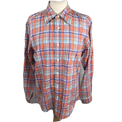 #ad Brooks Brothers Men M Medium Orange Plaid Slim Fit Button Shirt Front Irish Leni $30.00