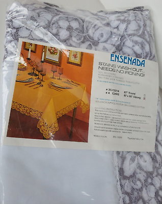 #ad Vintage Ensenada White Gray Lace Trimmed Tablecloth 67 x 90 Oblong 1970s MCM New $24.00