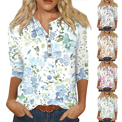 #ad Womens Tops Button Watercolor Print 3 4 Sleeve V Neck T Shirt Blouse Summer Tees $2.99