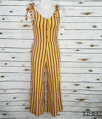 #ad NEW Arizona Medium M Womens Jumpsuit Striped Yellow White Pink Buttons $26.99