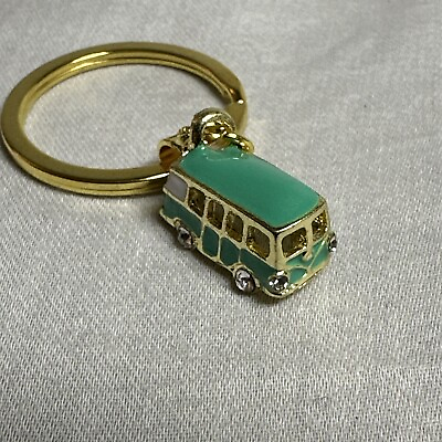 #ad 3D Key Chain Charm Hippie Camper Van Front Love Peace Teal Van Gold Color Ring $5.77
