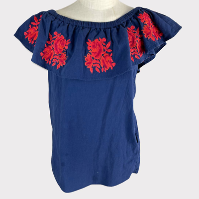 #ad Umgee Womens Small Off Shoulder Blue Top Red Embroidery $11.70