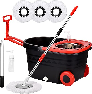 #ad 360° Spin Mop and Bucket with Wringer Set on Wheels Floor Cleaning System Black $28.99