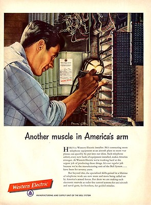 #ad 1952 Western Electric PRINT AD Bell Telephone Man Working on Wiring Air Plant $14.99