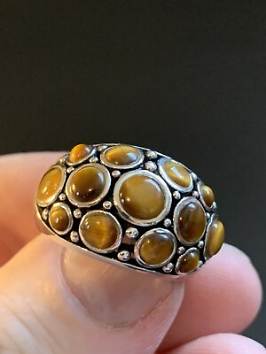 #ad Sterling Silver 925 Round Tiger Eye Cabochon Ring Size 10 $74.99