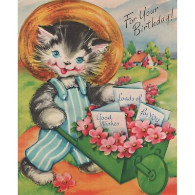 #ad Vtg. 1953 Anthropomorphic Kitten Cat Birthday Card 50s Hampton Art Wheelbarrow $12.95