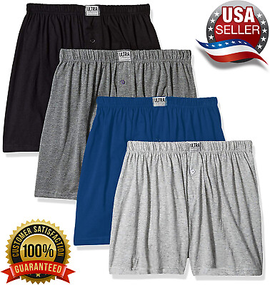 #ad Mens Cotton Boxer Shorts 100% Cotton Knit Plain Color Underwear Pack of 4 $20.95