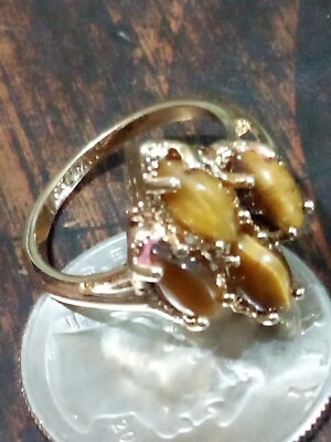 #ad Vintage Tigers Eye Cocktail Ring 14 Karat HGF Marked Size 6.5 4 Stones $59.99