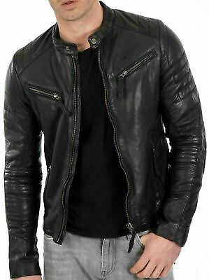 #ad New Men#x27;s Genuine Lambskin Leather Jacket Black Slim fit Biker jacket $108.99