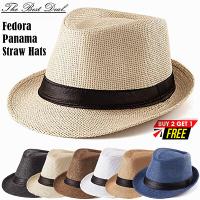 #ad Unisex Straw Fedora Panama Hat Summer Sun Short Brim Floral Trilby Cuban Cap Hat $12.88