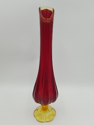 #ad Vintage LE Smith Amberina 6 Petal Red Flame Swung Glass Vase 14quot; Tall MCM $79.99