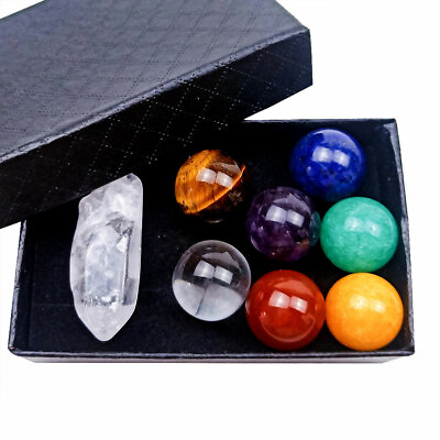 #ad 7 Chakra Stones Sphere Ball Reiki Healing Natural Gem Hexagonal Crystal With Box $8.95