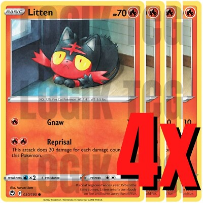 #ad 4x Litten 030 195 x4 Silver Tempest Pokemon TCG Playset NM $2.47