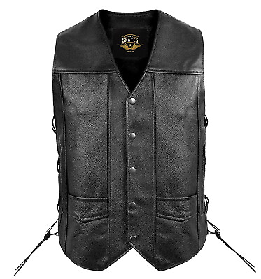 #ad Mens Genuine Leather Motorcycle Biker Vest 10 Pockets Side Laces Black all Size $35.99