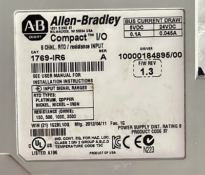 #ad Allen Bradley 1769 IR6 RTD 6ch CompactLogix PLC Input Card GREAT DEAL NEW O.B. $399.00