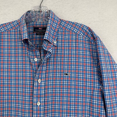 #ad Vineyard Vines Shirt Adult Small Blue Plaid Whale Cotton Long Sleeve Button Up $14.50
