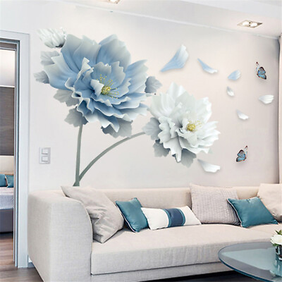 #ad 3D Wall Art Decals Mural Large White Blue Flowers Lotus Butterfly For Room Decor $12.21