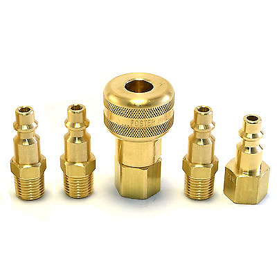 #ad 5pc Solid Brass Quick Coupler Set Air Hose Connector Fittings 1 4 NPT Tools Plug $32.19