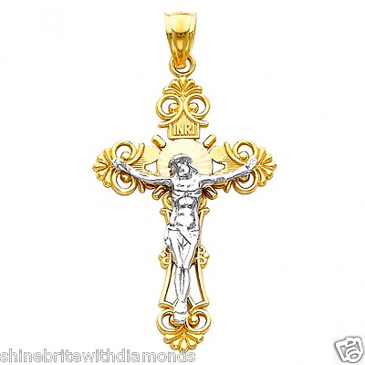 #ad Genuine Real 14K Yellow amp; White Gold Two Tone Cross Jesus Crucifix Charm Pendant $396.88